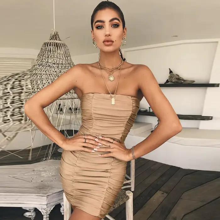 WOMENGAGA – robe de soirée Sexy sans bretelles, tenue de Club, kaki, froncée, Mini, col Slash, moula