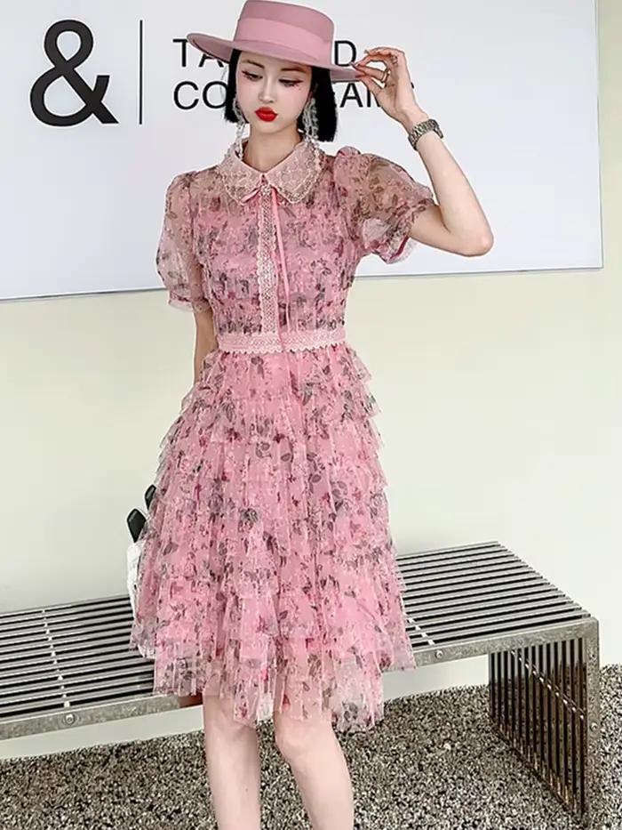 SMTHMA-Robe d'été légère à col perlé pour femme, robes de gâteau de style doux exquis, patchwork imp
