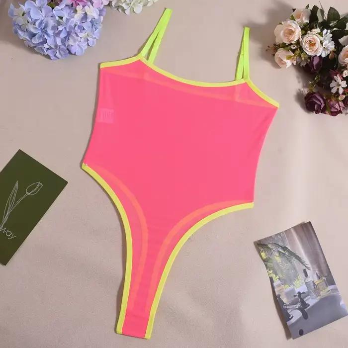 Lingerie sexy pour femme, body en maille transparente rose fluo, amincissant, bretelles spaghetti, l