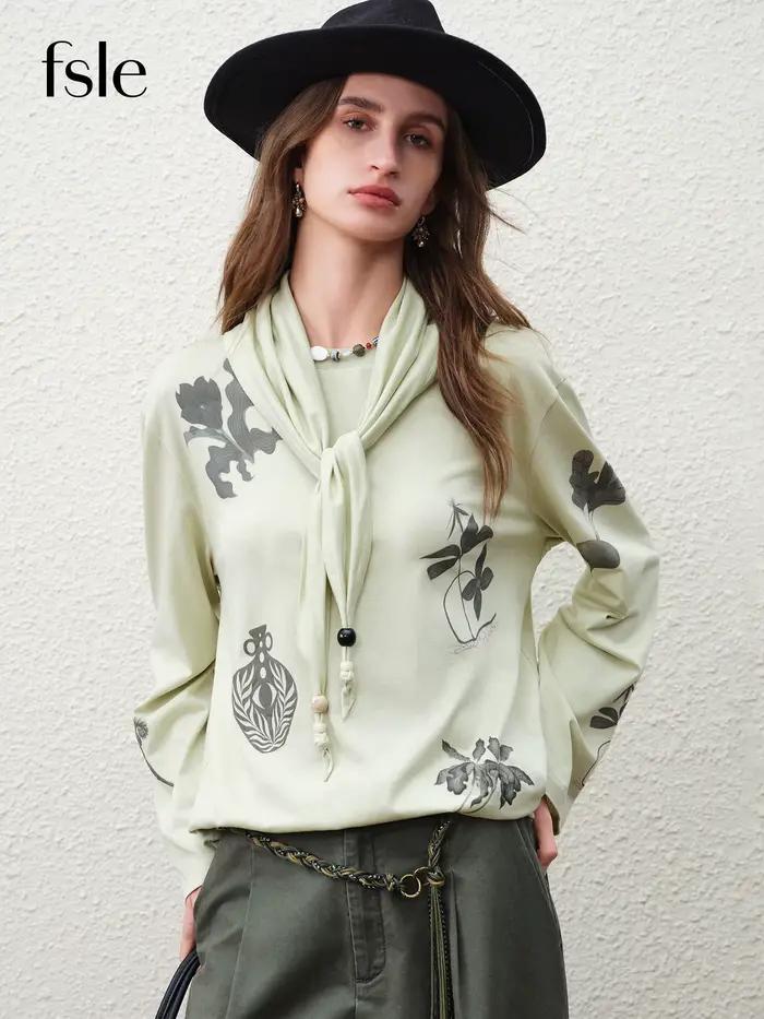 FSLE 【Série Premium】 T-shirt à manches longues pour femme en mélange de lin à imprimé botanique, nou