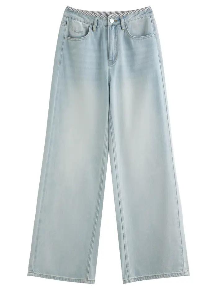 DUSHU jean de couleur claire été 2025 nouveau Style à la mode tout-match taille haute rayé couture p