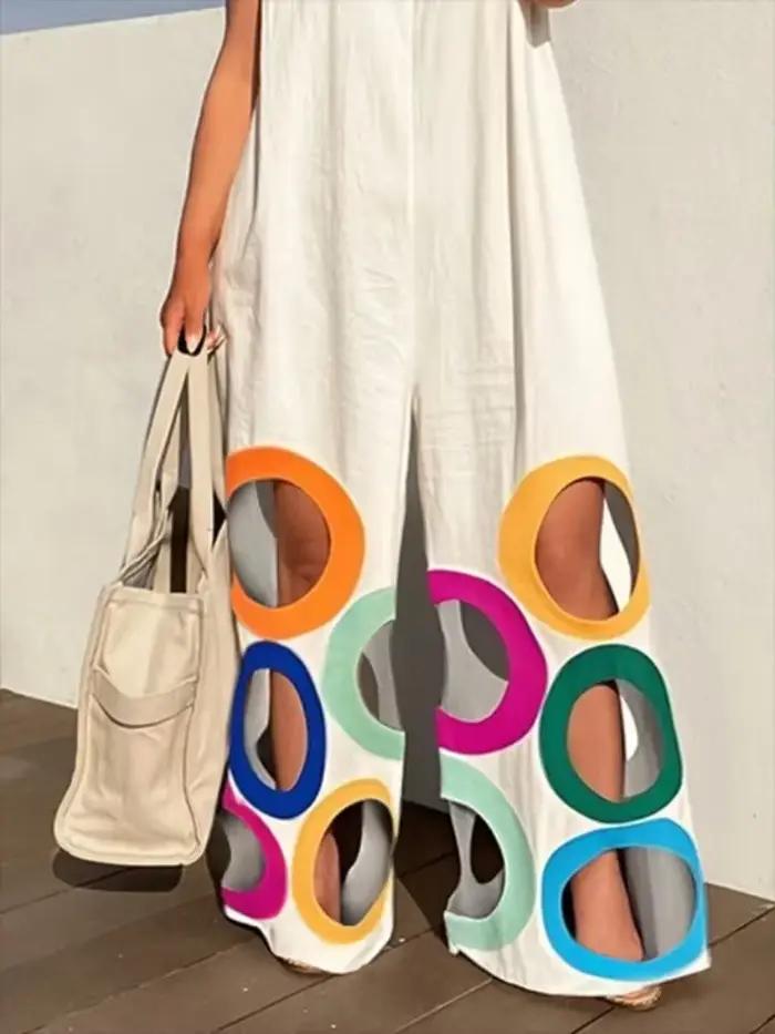 UOOZEE femmes été coloré cercle découpes évider combinaisons sans manches surdimensionné urbain déco