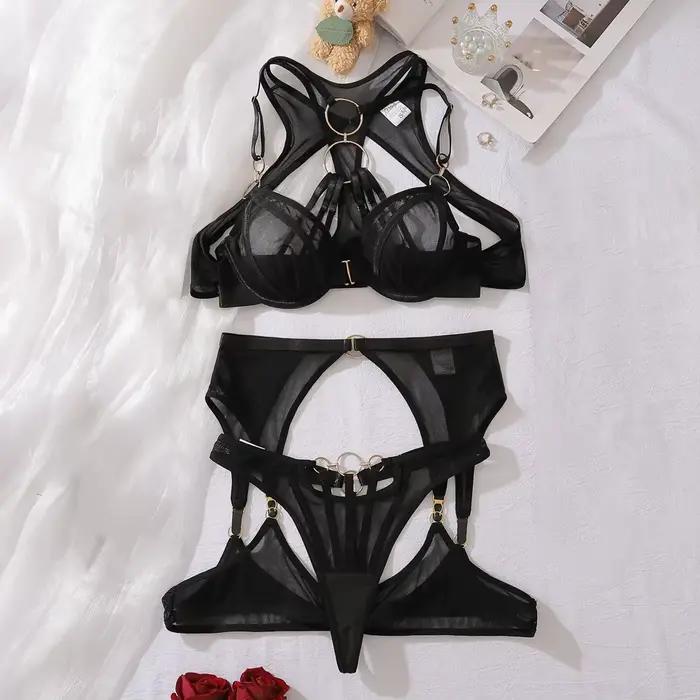 Ensemble de lingerie fantaisie sexy et érotique pour femme, avec harnais et porte-jarretelles, souti