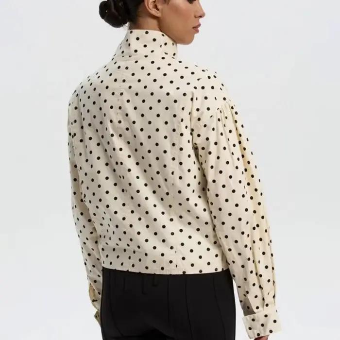 Veste bomber élégante vintage à pois surdimensionnée pour femmes, manches bouffantes, fermeture écla