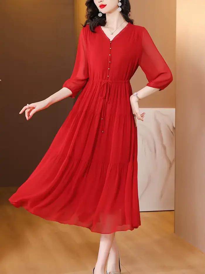 Robe mi-longue en soie rouge, Vintage, ample, élégante, moulante, robe de soirée, à bandes, décontra