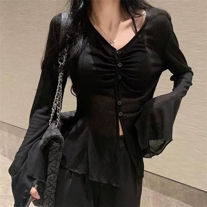 Cardigan fin d'été pour femmes, Sexy, transparent, simple boutonnage, col en v, Harajuku, mode corée