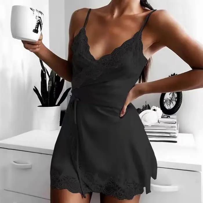 Chemise de nuit sexy en satin pour femmes, lingerie en dentelle, vêtements de nuit, pyjamas, haut, s