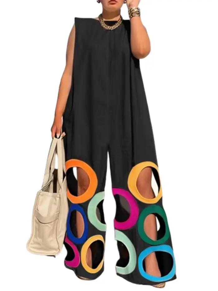 UOOZEE femmes été coloré cercle découpes évider combinaisons sans manches surdimensionné urbain déco