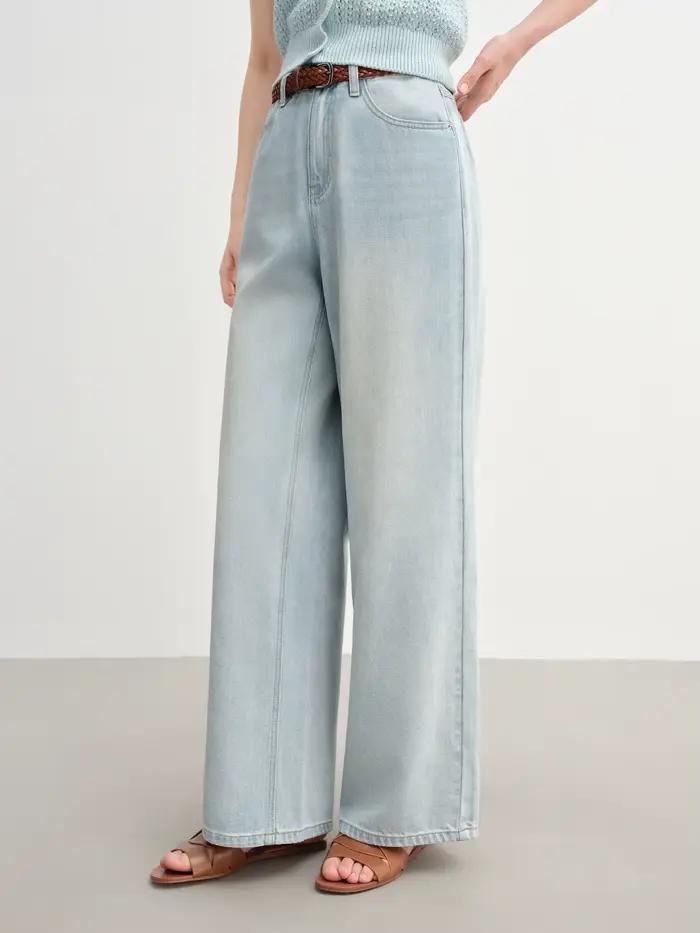DUSHU jean de couleur claire été 2025 nouveau Style à la mode tout-match taille haute rayé couture p