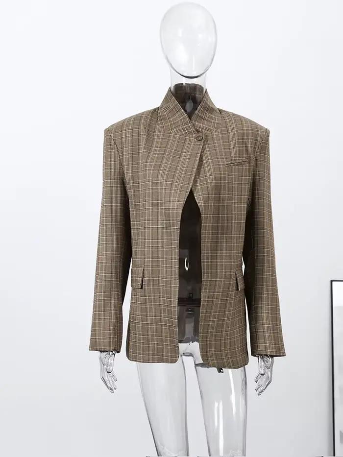 Nouveau Blazer Vintage à Carreaux pour Femme, Col Montant, Un Bouton, Poches, Veste de Costume Fémin