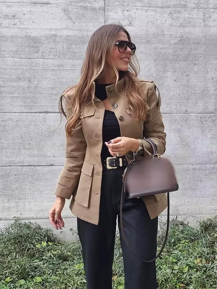 HH femmes automne mode vestes manches longues col haut poches simple boutonnage décorer manteaux fem