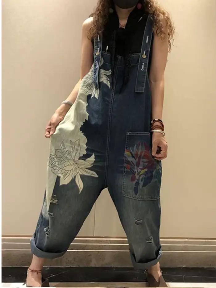 Amax luluE 2025 mode coréenne printemps femme imprimé Denim salopette dames Vintage Jeans décontract