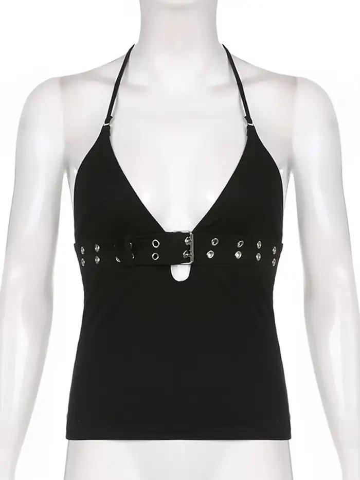 Y2k – haut court à bandes noir, dos nu, à lacets, mignon, fête, plage, été, sweat-shirt pour femmes,