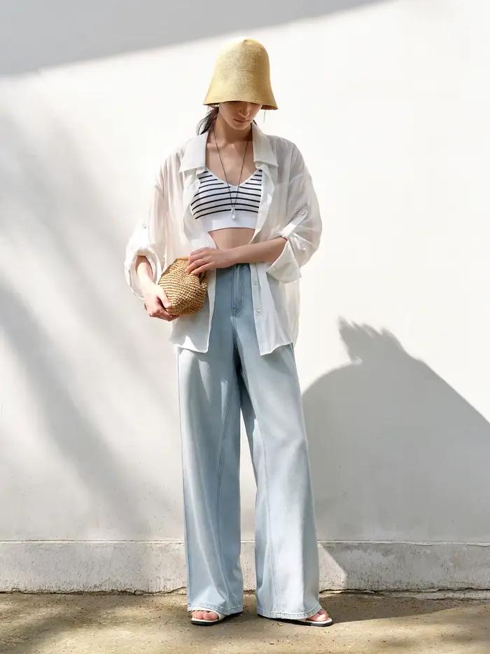 DUSHU jean de couleur claire été 2025 nouveau Style à la mode tout-match taille haute rayé couture p