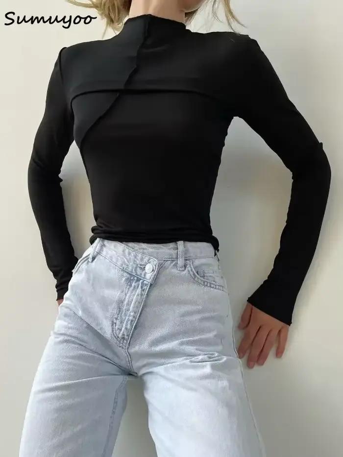 Summkoo-T-shirt Slim Fit à manches longues pour femmes, Économie Streetwear basiques, Demi-col roulé