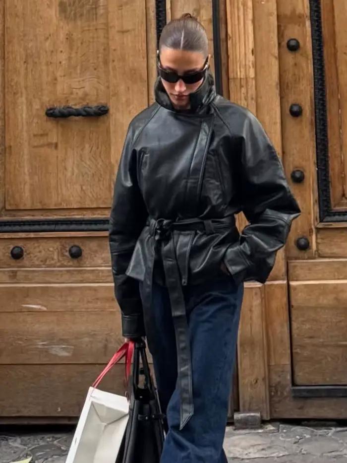 HH femmes mode noir court Faux cuir Trench manteau à manches longues revers veste avec ceinture Vint