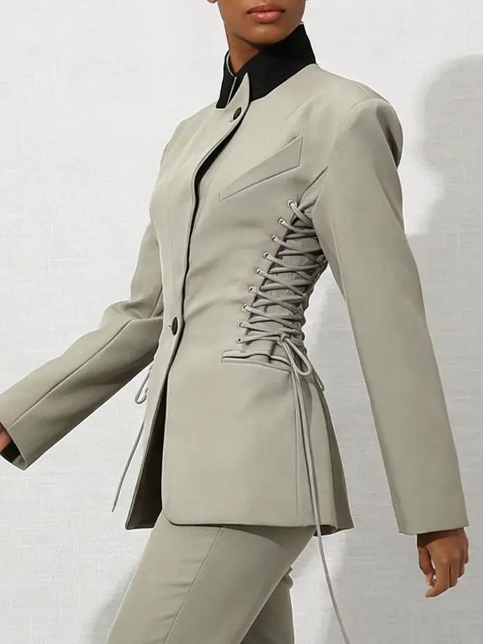 VGH Design Sense – vestes unies à lacets pour femmes, col montant, manches longues, boutons épissés,