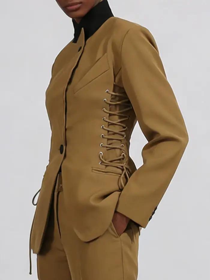 VGH Design Sense – vestes unies à lacets pour femmes, col montant, manches longues, boutons épissés,