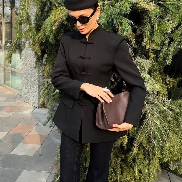 Blazer pour femme BJTZ à col mandarin, manches longues, boutons grenouillère, coupe ajustée, veste d