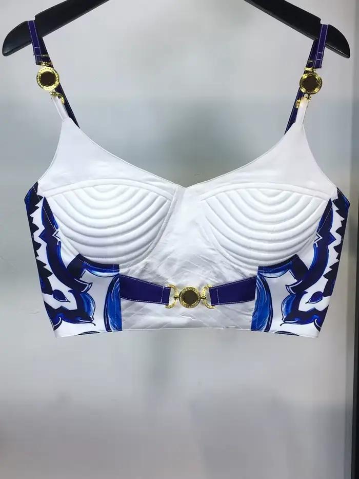 Ensemble d'été bohème en porcelaine bleue et blanche pour femme, bretelles spaghetti, tasse rembourr