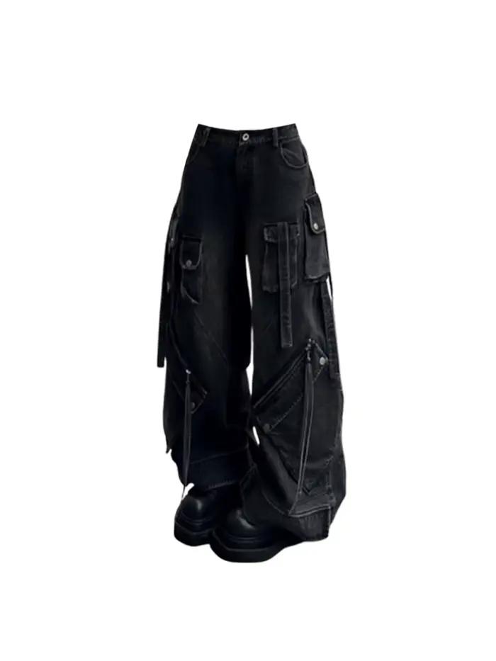 Jean Cargo Baggy gothique noir pour femmes, pantalon en Denim surdimensionné Harajuku Y2k années 90