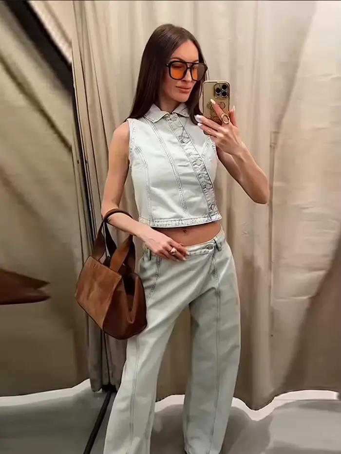 Nouvel ensemble 2026 : Gilet en jean et pantalon pour femme – Veste ajustée sans manches à revers et
