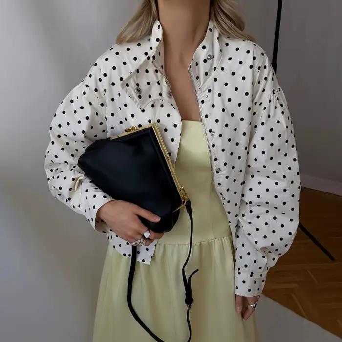 Veste bomber élégante vintage à pois surdimensionnée pour femmes, manches bouffantes, fermeture écla