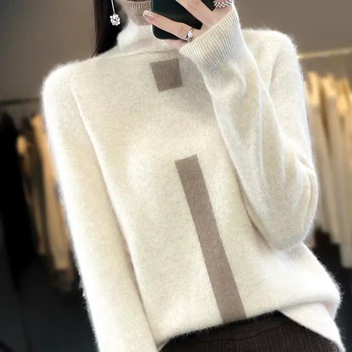 Leardean I-Pull à col roulé en cachemire de vison pour femme, 100% cachemire, mode assortie, manteau