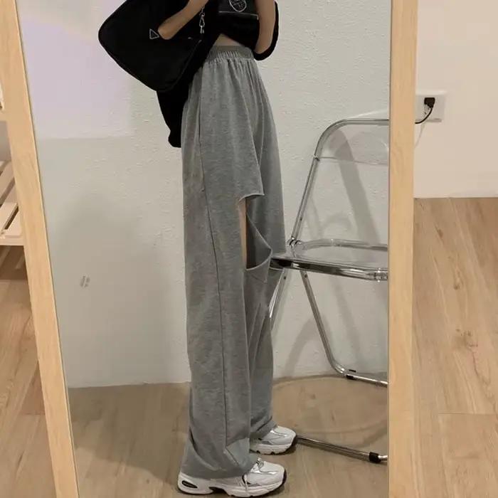 Pantalon Harajuku à jambes larges ajouré pour femmes, jogging, troué, Streetwear Chic, pantalon droi