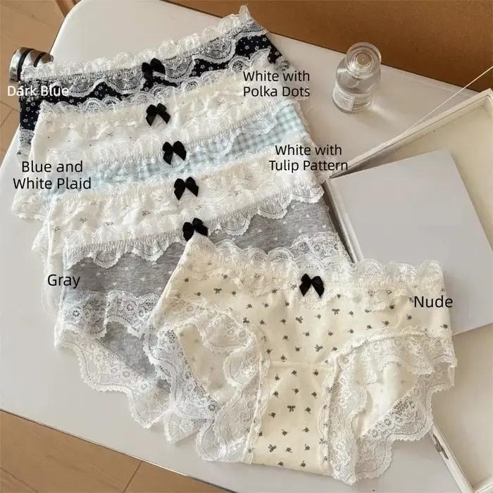 Culottes en dentelle taille moyenne à motif floral, à pois et à carreaux, avec nœud tulipe, en coton