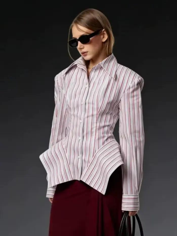 Chemisier rayé élégant DFDG pour femme, collection Printemps-Été 2026, col pointu, manches longues,