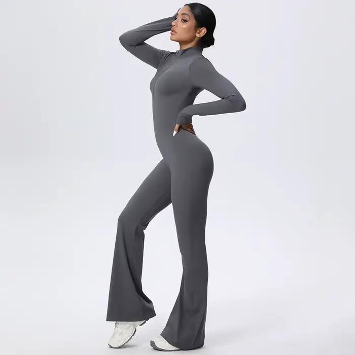 Femme couleur unie combinaison Yoga costume demi fermeture éclair Scrunch sport Fitness vêtements gy