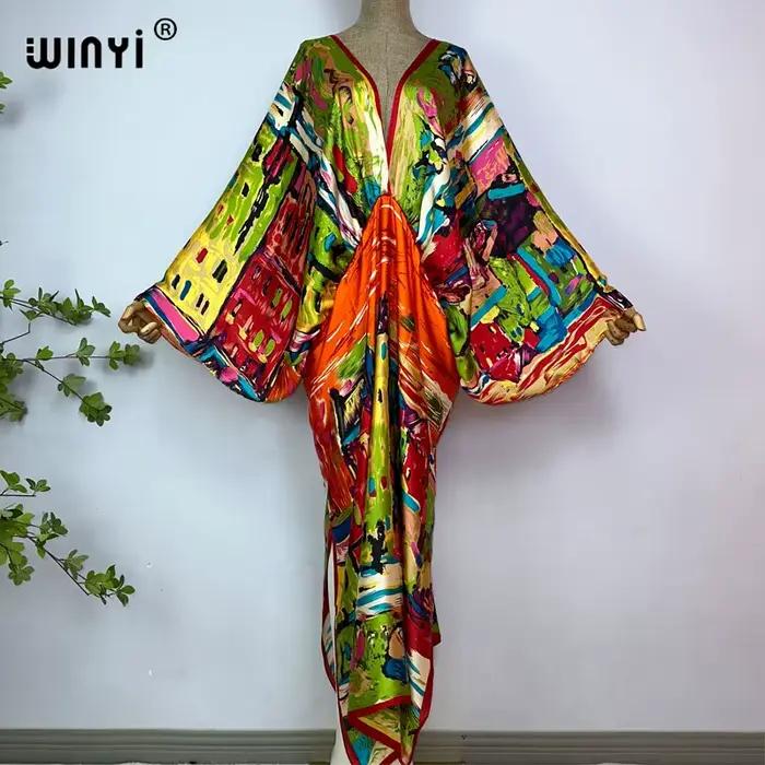 WINYI-Robe longue à col en V pour femme, robe de plage sexy, sensation de soie, mode bohème, robe de