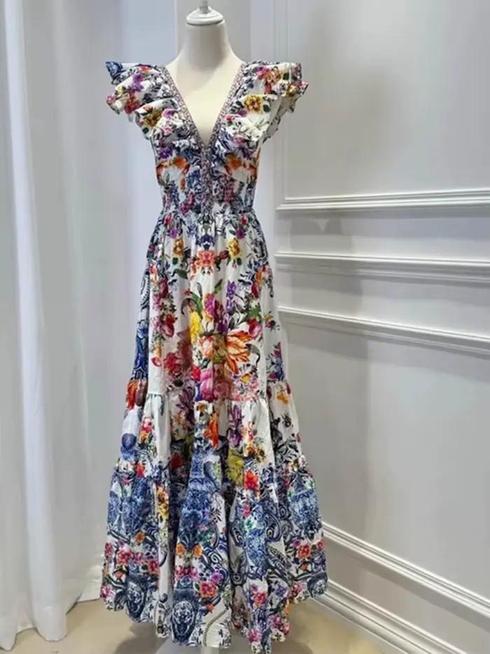 Robe rétro sexy à col en V profond pour femmes, manches Feifei imprimées, jupe haute, nouvelle robe