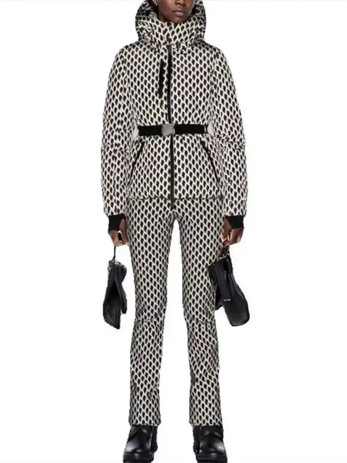 2025 femmes hiver à capuche rembourré Sport Parkas pantalon 2 pièces ensemble ceinture femme élégant