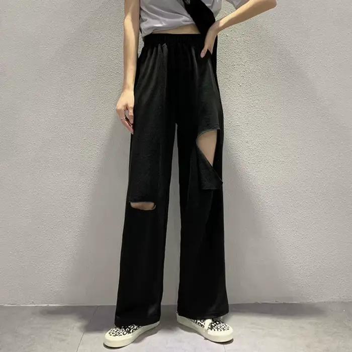 Pantalon Harajuku à jambes larges ajouré pour femmes, jogging, troué, Streetwear Chic, pantalon droi