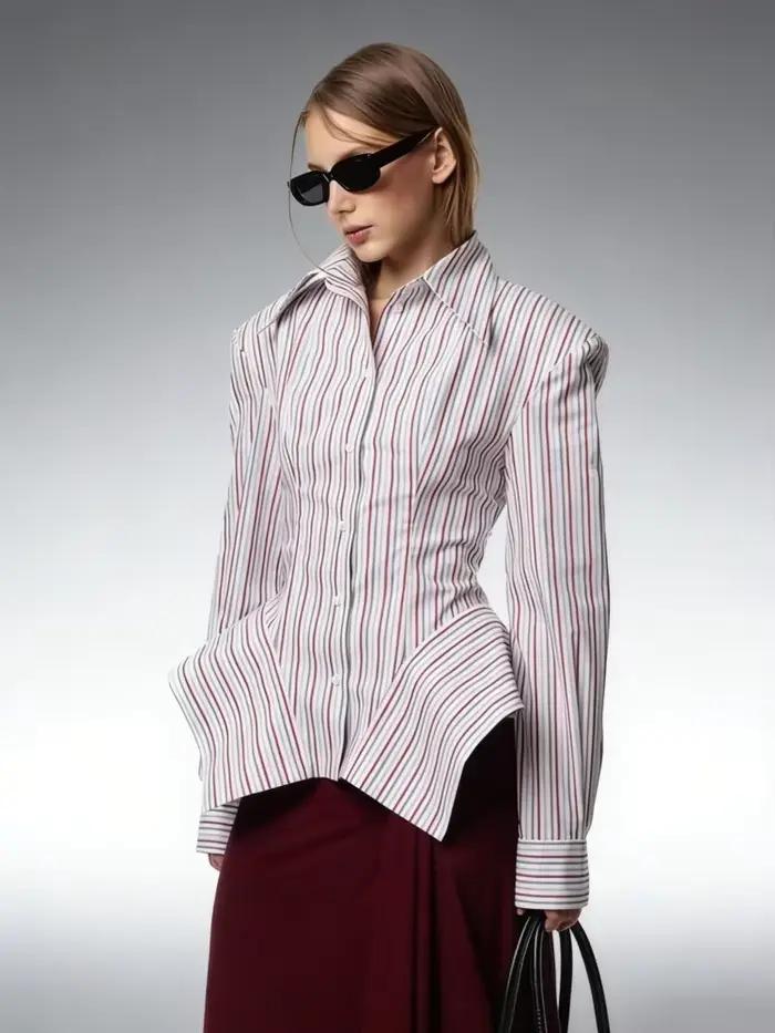 Chemisier rayé élégant DFDG pour femme, collection Printemps-Été 2026, col pointu, manches longues,