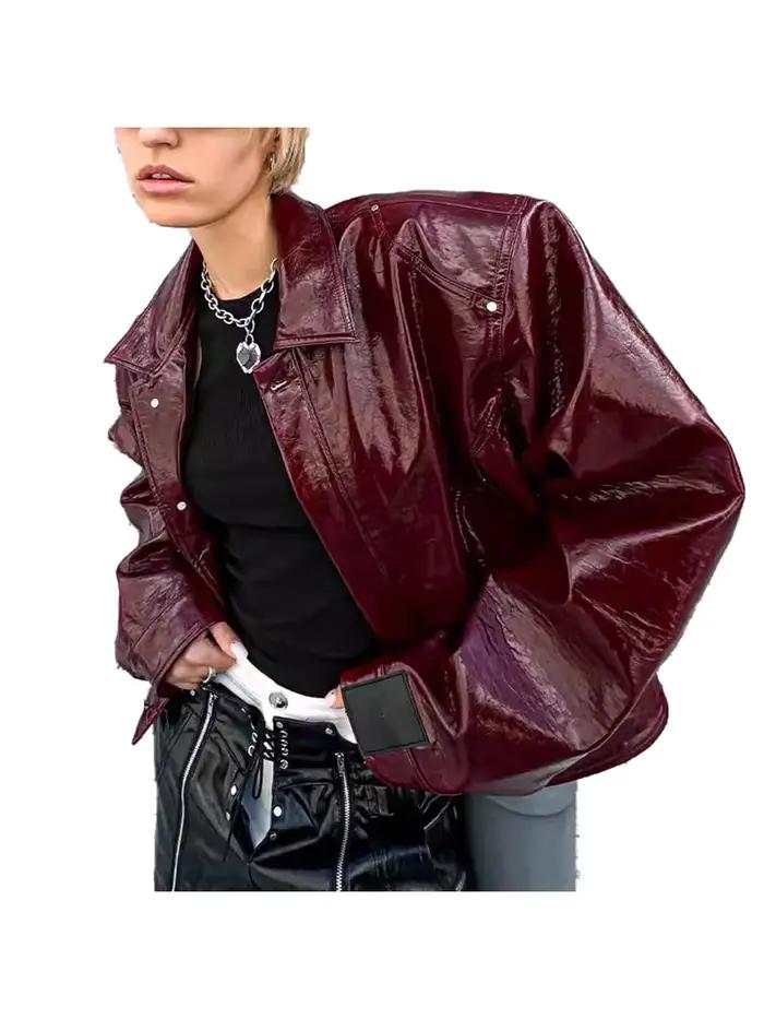 Lautaro automne Cool court surdimensionné veste en cuir Pu femmes épaulettes fermeture éclair de hau
