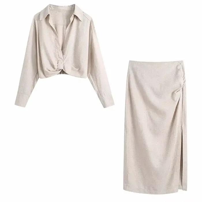 Chemise courte à manches longues et col rabattu pour femme, jupe décontractée fendue sur le côté, de