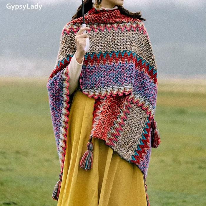 Pouvez-vous psyLady-Poncho Vintage Boho Everaks pour femme, Capes, Top, Floral, Pampilles, Chic, Rou
