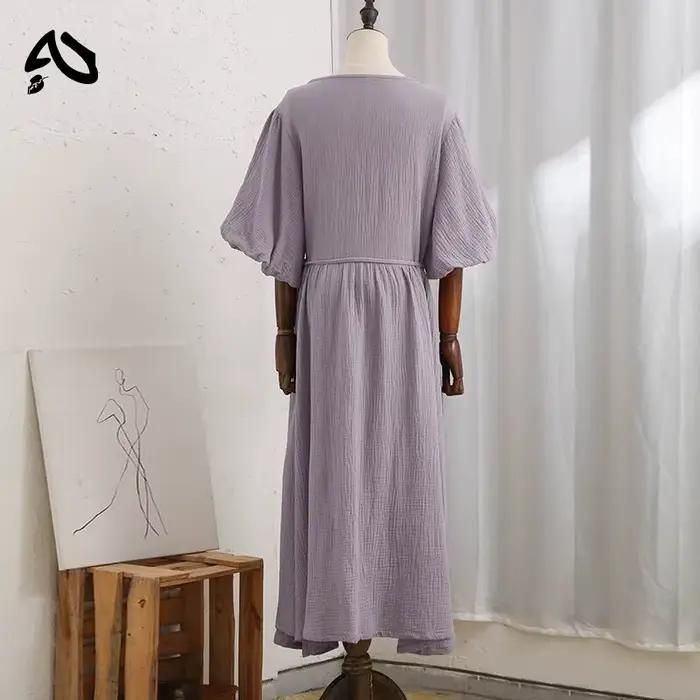 Original Robe Longue en Mousseline 100% Coton pour Femme, Tenue Sexy, Col en V, Manches Bouffantes,
