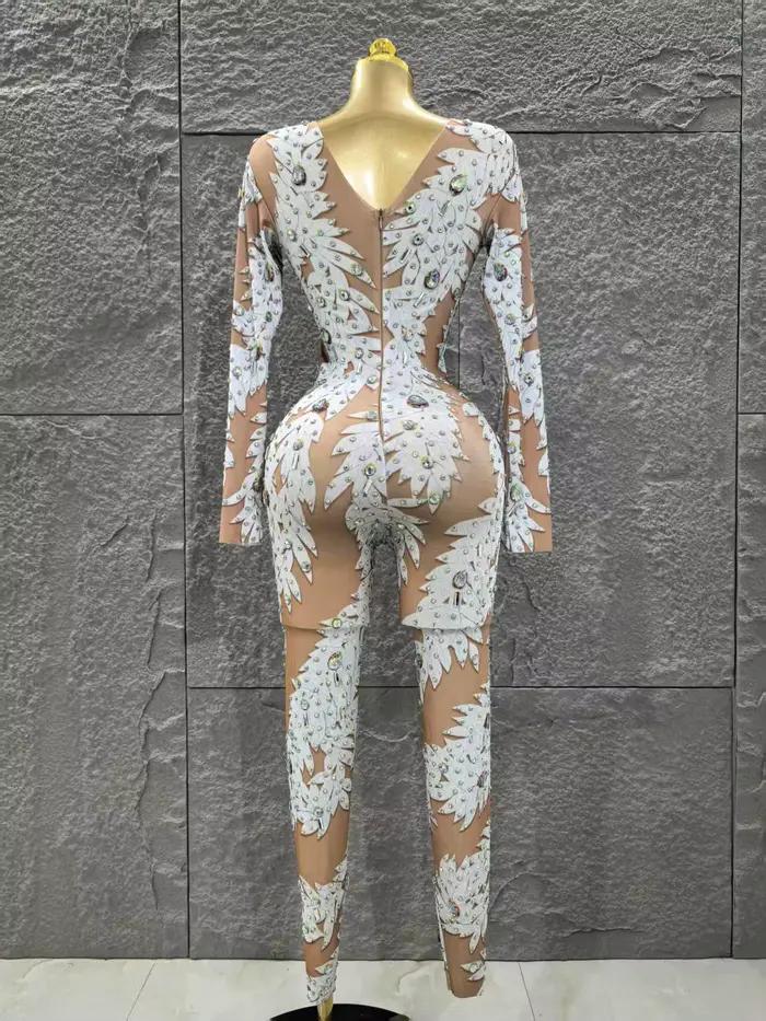 Gros femmes Sexy à manches longues brillant strass moulante combinaison célébrer discothèque fête Pe