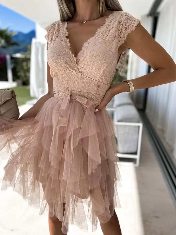 Dentelle col en V femmes taille haute robe unie été dame Patchwork maille robe asymétrique sans manc