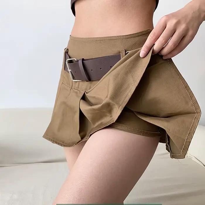 Karrram – Mini jupe plissée marron pour femmes, décontractée, taille haute, avec ceinture, mode coré