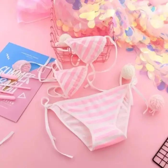 Lingerie sexy japonaise Lolita Kawaii, mini bikini rayé bleu, rose et blanc, cosplay pour adultes, s