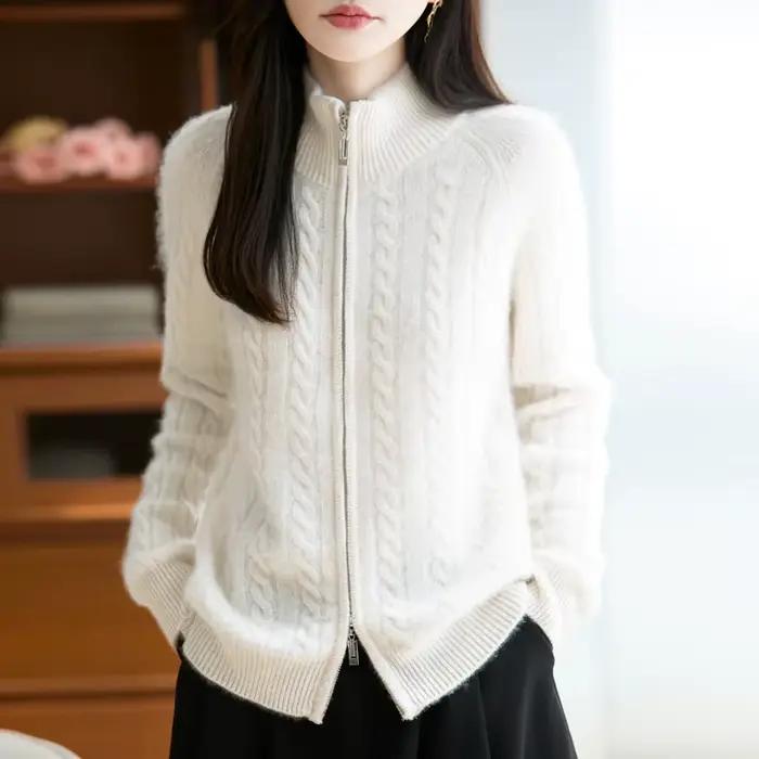 Cardigan 100% laine mérinos avec fermeture éclair pour femme, pull à câble épais, tricot chaud, vête
