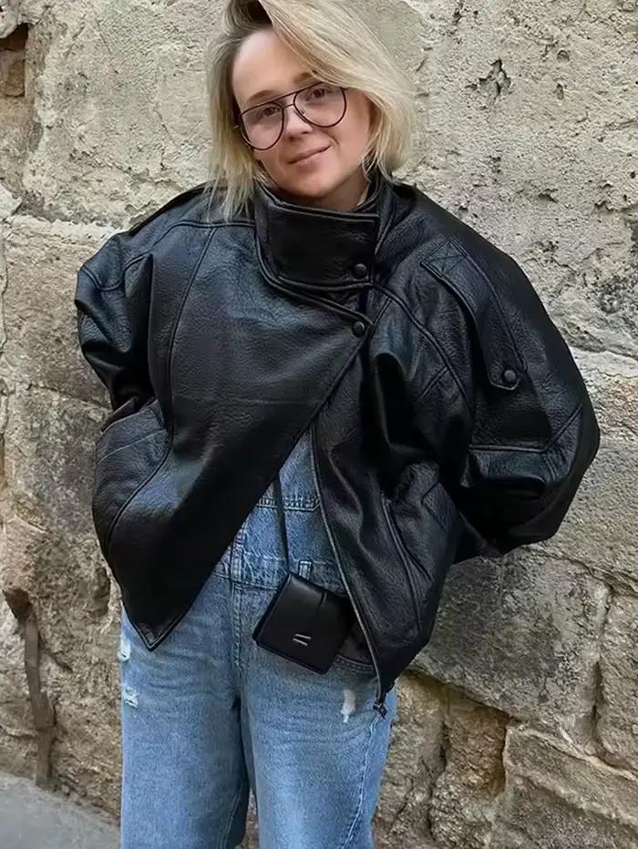 TFMLN – vestes Chic en Faux cuir noir pour femme, manteaux surdimensionnés élastiques à manches long