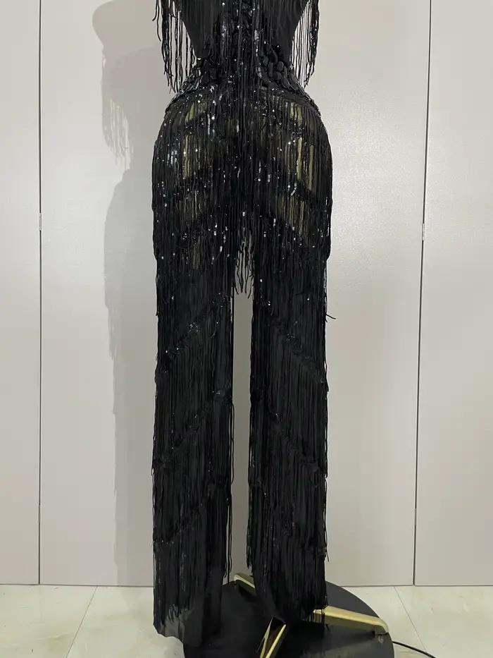 Combinaison à franges et paillettes pour femmes, strass noirs scintillants, tenue Sexy pour boîte de
