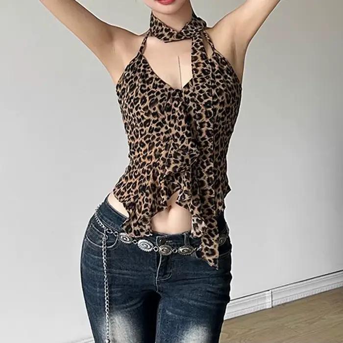 Débardeur léopard à lacets pour femmes, col licou, à volants irréguliers, Slim, épicé, haut court, C