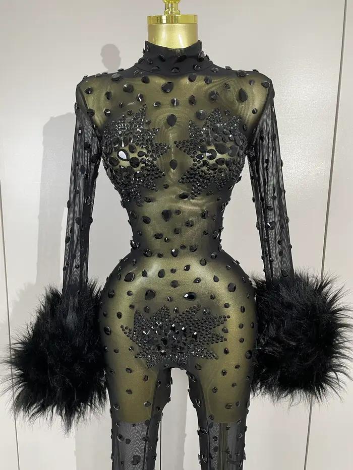 STOCK luxe diamant noir maille Transparent extensible à manches longues combinaison femmes Sexy Perf